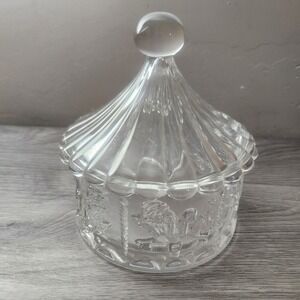 Vintage Clear Pressed Glass Carousel Trinket Box Lidded Candy Dish Horse Swan